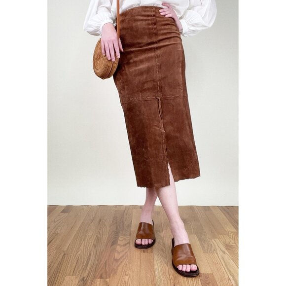 Vintage Suede Leather Boho High Rise Waisted Slit Column Hippie Bohemian 90s Y2K - Picture 4 of 9